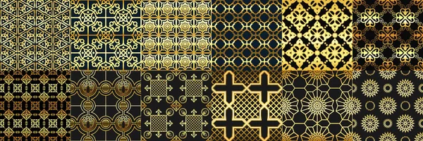 Goldene arabische Ornamente nahtloses Muster. Araber-Mode, geometrisches islamisches Ornament und Goldrahmenmuster-Vektorset — Stockvektor