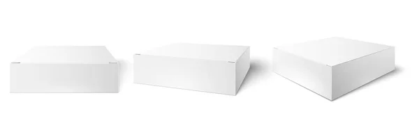 Caja de embalaje blanca. maqueta en blanco, vista de perspectiva de cubo de paquete y cajas de productos de consumo maquetas 3d vector ilustración conjunto — Vector de stock