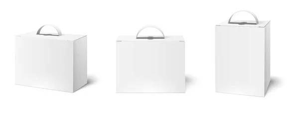 Caja con asa. Paquete cajas maqueta, blanco en blanco manijas de embalaje y cartón producto embalaje 3d vector ilustración conjunto — Archivo Imágenes Vectoriales