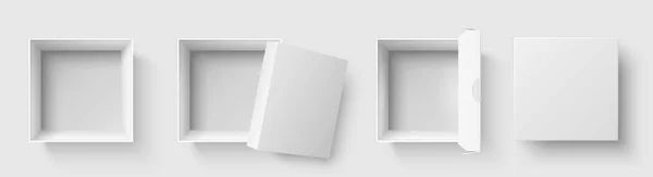 Вид сверху. Открытые квадратные коробки с открытой крышкой, макет пустых упаковок 3d изолированный набор векторных иллюстраций — стоковый вектор
