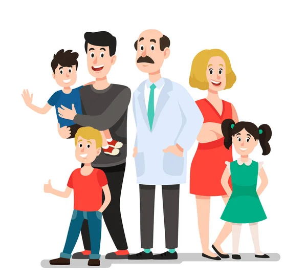 Huisarts. Glimlachend gelukkig patiënten familie portret met tandarts, glimlachend gezonde kinderen cartoon vector illustratie — Stockvector