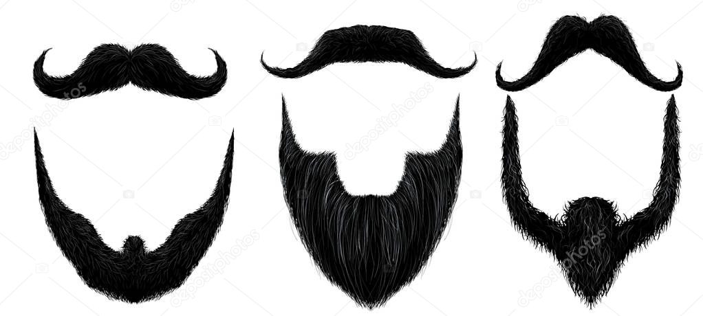 Moustache and beard. Man beards style, curly moustaches mask and vintage fake mustache isolated vector set
