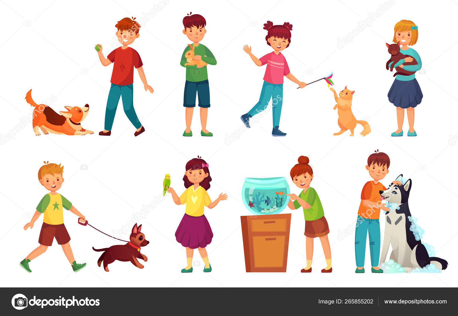 ペットを飼う子供たち。子供の抱擁ペット、子供愛の動物と犬やかわいい猫漫画ベクトルイラストセットで遊ぶ ストックベクター  ©tartila.stock.gmail.com 265855202, image size:1600x1106
