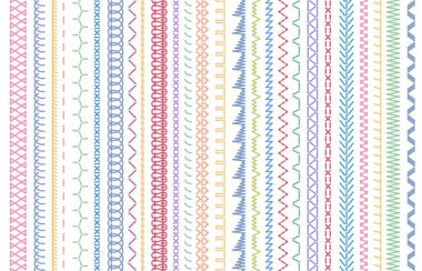 Dikiş dikiş desenleri. Nakış zanaat dikiş deseni, moda dikiş fırça ve renkli dikiş dikişli kumaş vektör illüstrasyon seti