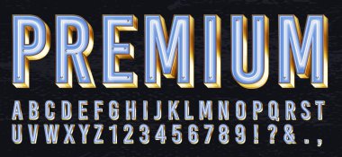 Neon ışık kutusu yazı tipi. Prim parlayan harfler, altın alfabe ve neons ışıkları ile elit altın harfler 3d vektör illüstrasyon seti