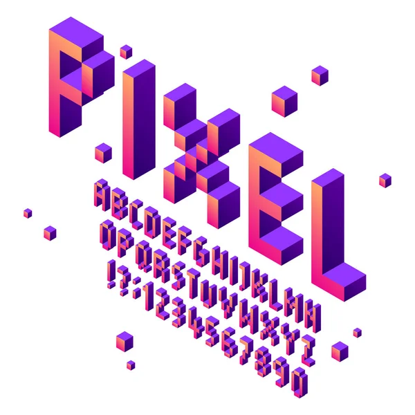 Isometrik piksel resim yazı tipi. Arcade oyun yazı tipleri alfabe, retro oyun kübik tipografik yazı işareti ve piksel numaraları vektör seti — Stok Vektör