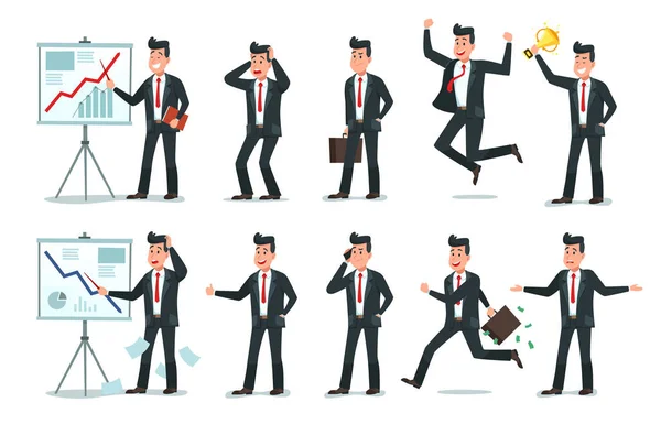 Businessman character. Office employee workers, tired finance worker and business characters cartoon vector illustration set — Stock Vector