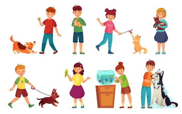 Kinder mit Haustieren. Kinder umarmen Haustier, Kinder lieben Tiere und spielen mit Hund oder niedlichen Katze Cartoon Vektor Illustrations-Set — Stockvektor