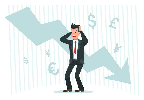 Empresário stressante. Queda de lucros, gráfico gráfico de seta para baixo e finanças falidas cair ilustração vetor — Vetor de Stock