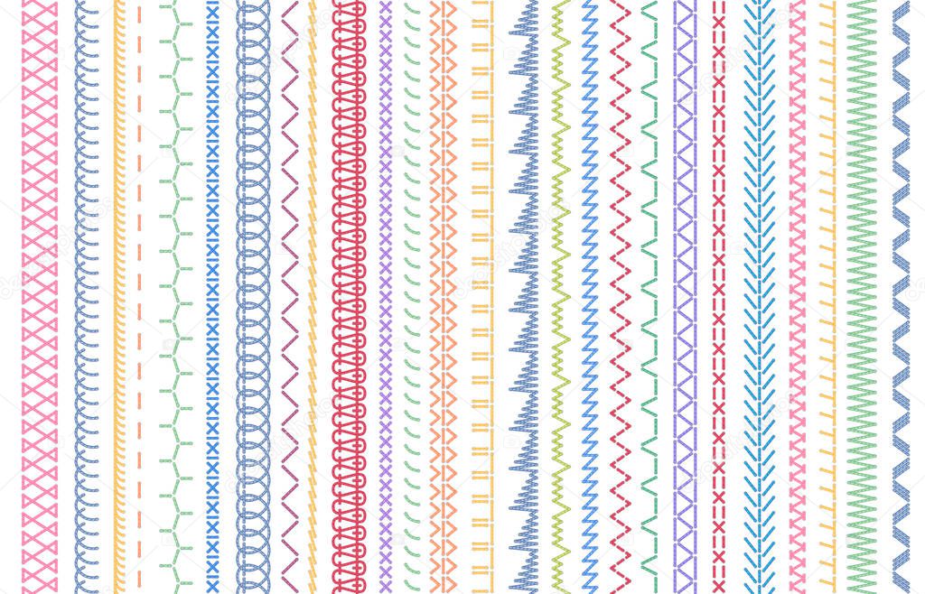 Sewing seams patterns. Embroidery craft sew pattern, fashion seam brush and colorful stitches stitched fabric vector illustration set