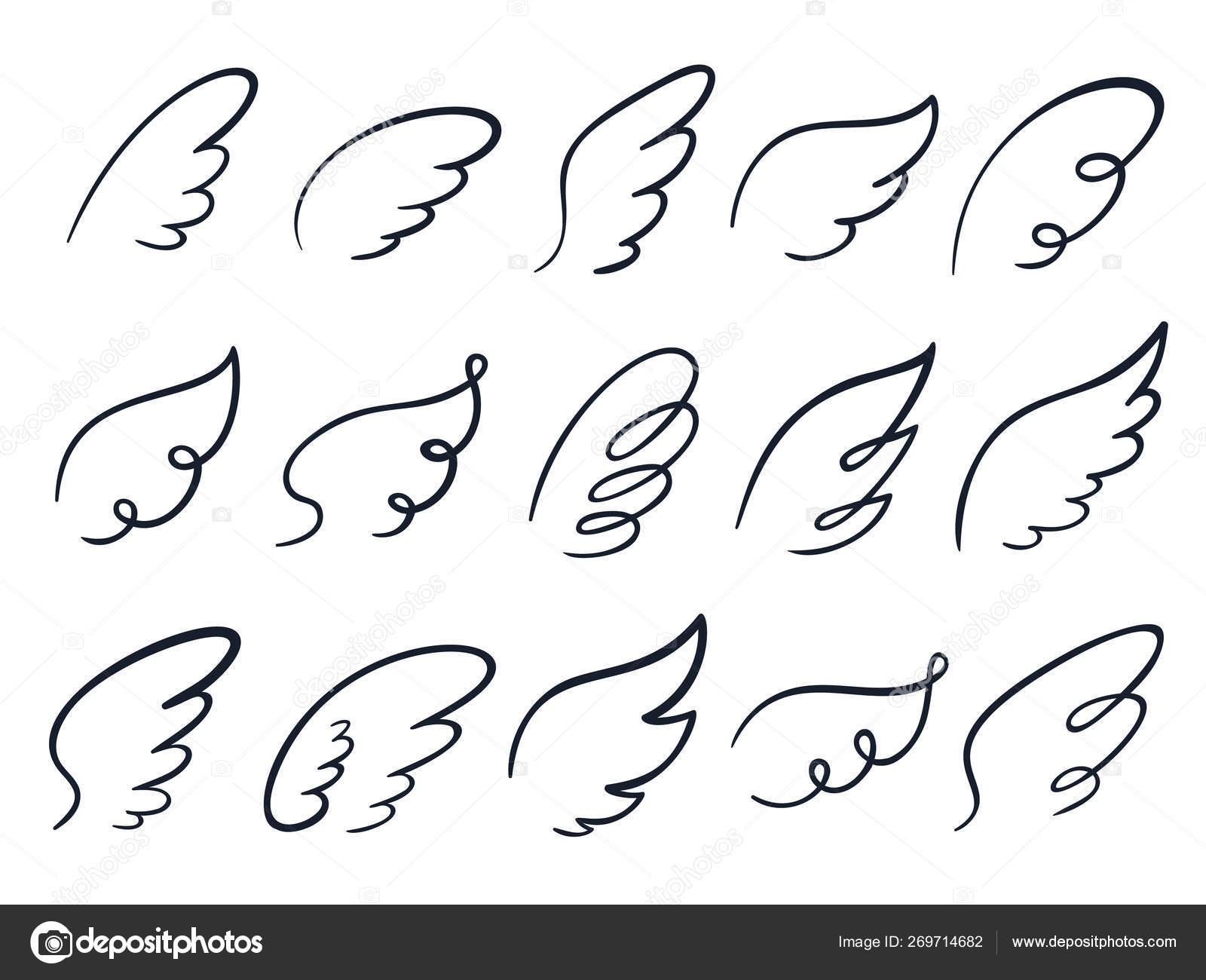 날개를 스케치합니다. 손으로 그린 날개, 날개 달린 천사 깃털과 날개 확산 만화 낙서 벡터 일러스트 아이콘 세트 스톡 벡터 -  ©tartila.stock.gmail.com 269714682, image size:1600x1300