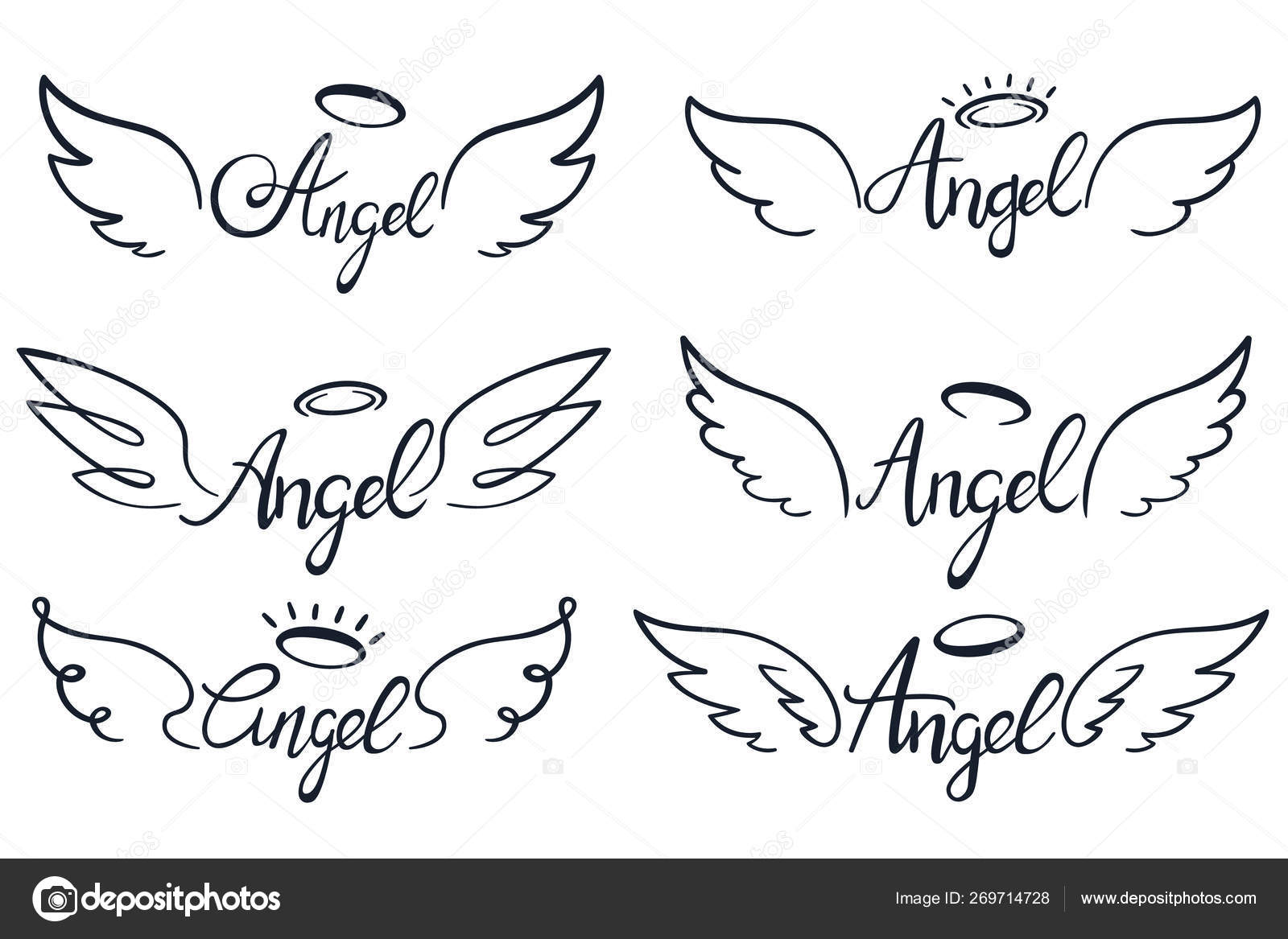 Englevinger. Himmelfløyen, himmelske bevingede engler og hellige vinger  skissevektor satt stockvektor © tartila.stock.gmail.com #269714728, image size:1600x1167