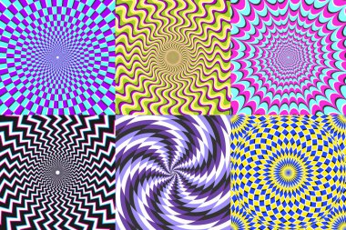Psychedelic spiral. Optik yanılsama, sanrı spiraller ve renkli soyutlama hipnoz spiral vektör illüstrasyon seti