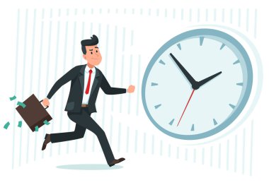 Businessman against time. Busy business worker catching up watch clock, running man and late cartoon vector illustration clipart