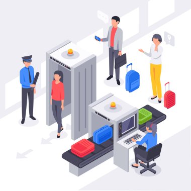 Biyometrik havaalanı güvenliği. X Ray check passengers bagaj taraması, yolcuların bagaj taraması ve metal dedektörleri vektör illüstrasyon