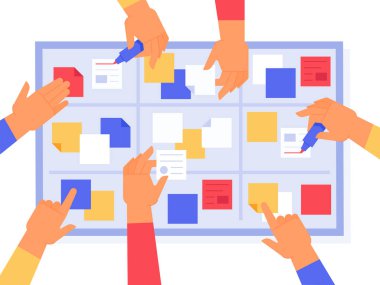 Çevik tahta. Scrum görevleri, kanban iş yönetimini ve öncelikli proje durumunu sprintler. İş stratejisi günlük görev vektör illüstrasyon