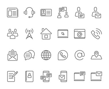 Anahat kişiler simgeleri. Cep telefonu iletişim simgesi, posta kutusu yeni e-posta ve hat telefon adresi kitap vektör seti