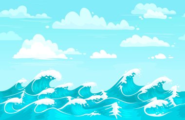 Okyanus dalgaları arka planda. Deniz suyu, fırtına dalgası ve su dikişsiz karikatür vektör arka plan illüstrasyon