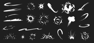 Komik enerji patlaması. Karikatür alev duman bulutu, hız vfx etkisi ve promo flaş patlama vektör illüstrasyon seti çarptı