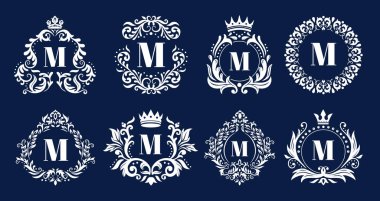 Lüks monogram çerçeve. Süs monogramları, heraldik baş harfler logo süs ve zarif harfler sınır çerçeveleri vektör illüstrasyon seti