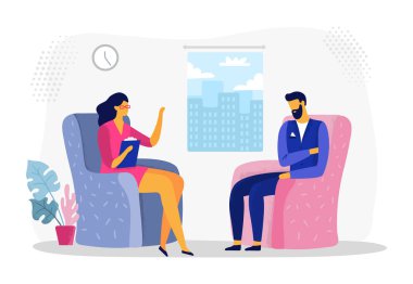 Psikoterapi seansında iş adamı. İş adamı stres, depresyon ve psikolojik terapi vektör illüstrasyon işadamları