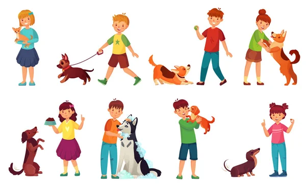 Kinder spielen mit Hunden. Kinder füttern Hund, Haustiere Pflege und Kind zu Fuß mit niedlichen Welpen Cartoon-Vektor-Illustrationsset — Stockvektor