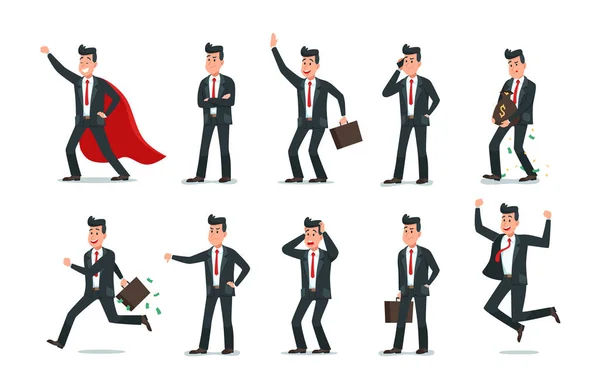 Personagens de homem de negócios. Coleção de ilustração de caráter de homem de negócios, computador de escritório e trabalhador de negócios —  Vetores de Stock