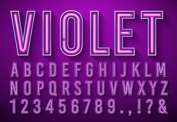 Letras de neón brillantes. Violeta brillante fuente, caja de luz alfabeto y neones luces letras con sombra 3d vector ilustración conjunto — Vector de stock