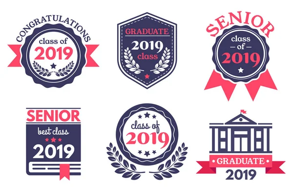 Graduate senior school badge. Graduation day emblem, graduates congratulations badges and education emblems vector illustration set — Stock Vector