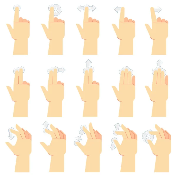 Aanraakscherm gebaren. Vinger tikken, vegen gebaar en hand aanraakte smartphoneschermen. Touch UI cartoon vector icons set — Stockvector