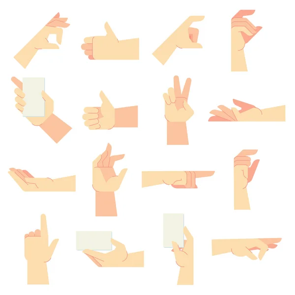 Hands gestures. Pointing hand gesture, women hands and hold in hand vector cartoon illustration set — Stock Vector