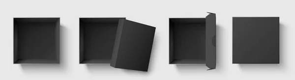 Caja de vista superior negra. Cajas cuadradas de paquete oscuro con tapa abierta, paquetes de cubo vacío maqueta 3d aislado plantilla vector ilustración conjunto — Archivo Imágenes Vectoriales