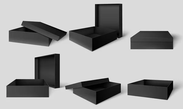Caja de embalaje negro. Cajas oscuras abiertas y cerradas, conjunto de ilustración de vectores de plantilla de maqueta de paquete de cartón — Vector de stock