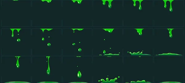 Dripping animação lodo verde. Desenhos animados resíduos tóxicos líquidos. Ilustração do vetor ácido ou veneno gota a gota fx sprite — Vetor de Stock