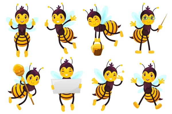 Mascotte d'abeille de dessin animé. Mignon abeille domestique, abeilles volantes et joyeux jeu d'illustration vectoriel drôle de mascottes de caractères d'abeilles jaunes — Image vectorielle