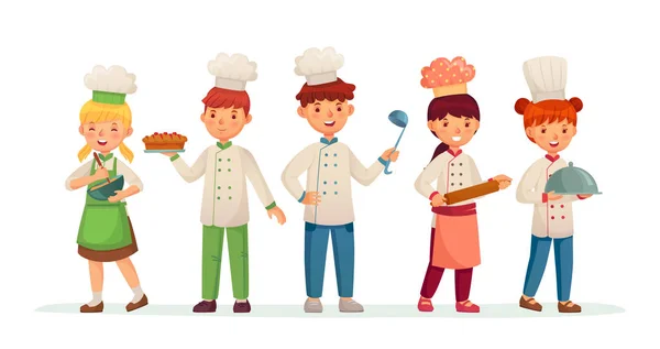 Chefs jóvenes. Niños felices cocineros, niños cocinando y horneando en traje de chef ilustración vector de dibujos animados — Vector de stock