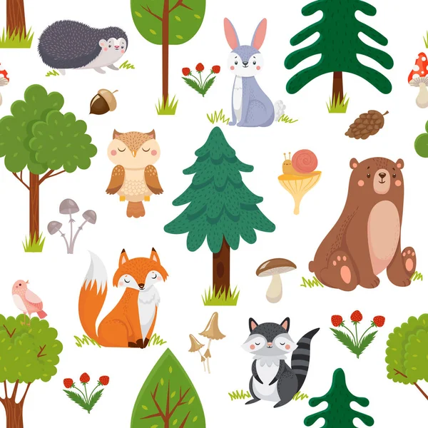 원활한 삼림 동물 패턴입니다. 여름 숲 귀여운 야생 동물 동물과 숲 꽃 만화 벡터 배경 — 스톡 벡터