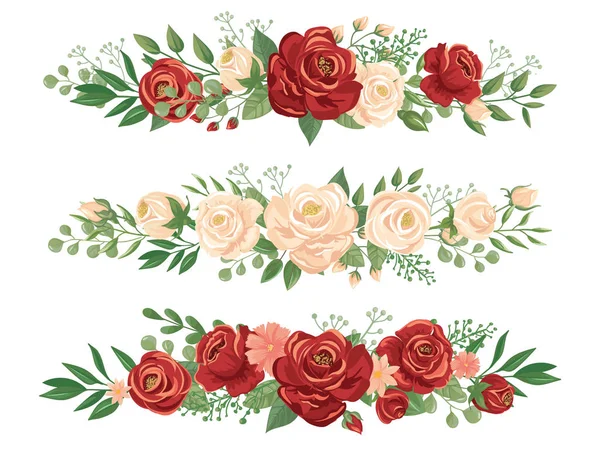 Blütenpanorama. Rosenknospe, Blumenrand und Rosen Header-Panorama florale Banner Vektor Illustration — Stockvektor