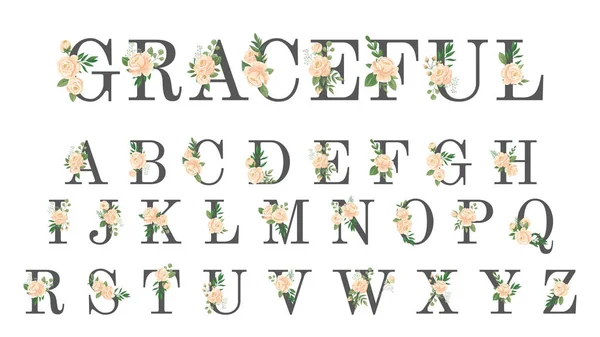 꽃 글꼴입니다. 럭셔리 웨딩 초대 꽃 편지, 꽃 세련된 알파벳과 로즈 모노그램 벡터 일러스트 세트 — 스톡 벡터