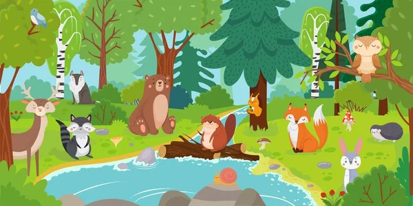 Kreslená lesní zvířata. Divoký medvěd, legrační veverka a roztomilí ptáci na lesních stromech dětské pozadí ilustrace — Stockový vektor