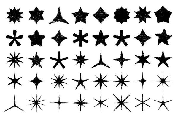 Estrelas Grunge. Estrela desenhada à mão, doodle estrelado e silhueta ícone favorito texturizado conjunto vetor isolado — Vetor de Stock