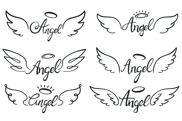 Lettere con le ali d'angelo. Cielo ala, angeli alati celesti e ali sante schizzo vettore illustrazione set — Vettoriale Stock