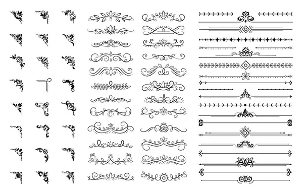 Dekorative Ecken und Trennwände. Zierlocken Bordüre, königliche Ornamente und Vintage filigranen Ornament Ecke Vektor Illustrations-Set — Stockvektor