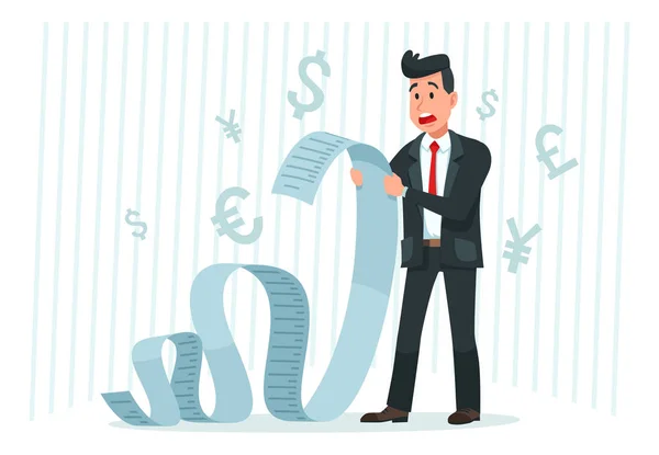 Pay big bill. Businessman holding long bill, shocked by payment amount and paying finance bills cartoon vector — Stock Vector