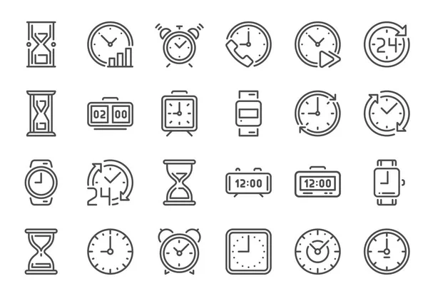 Ikony zegara konspektu. Czas linii, 24 godziny zegarów i ikona klepsydra wektor zestaw Ilustracje Stockowe bez tantiem