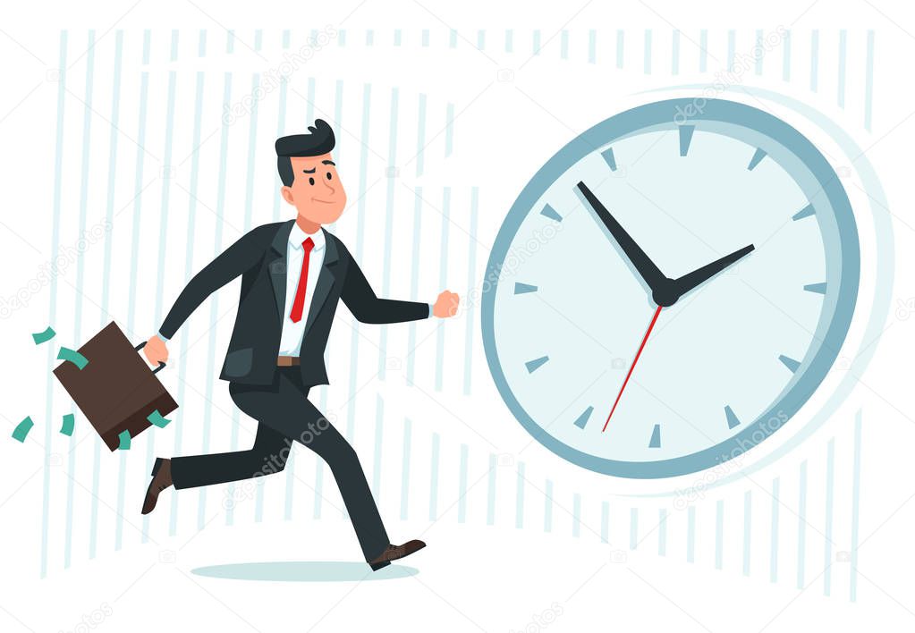 Businessman against time. Busy business worker catching up watch clock, running man and late cartoon vector illustration