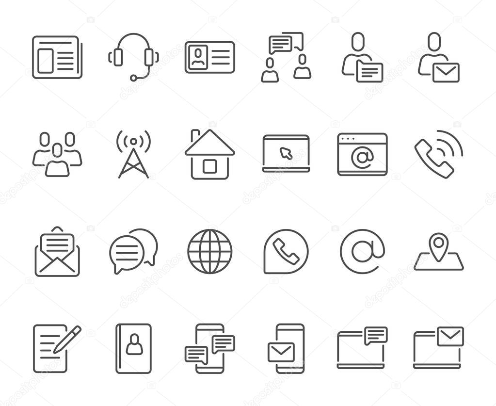 Outline contacts icons. Mobile phone contact icon, mailbox new email and line telephone address book vector set