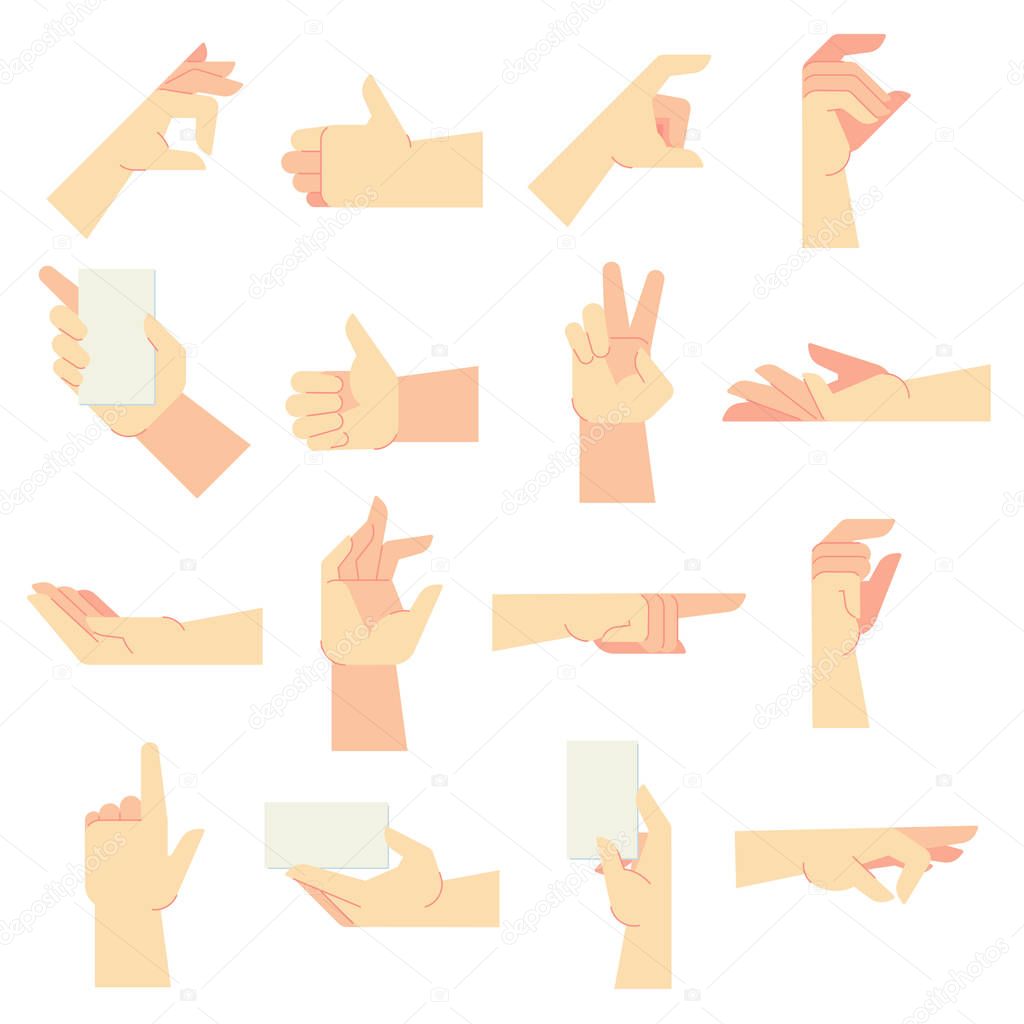 Hands gestures. Pointing hand gesture, women hands and hold in hand vector cartoon illustration set