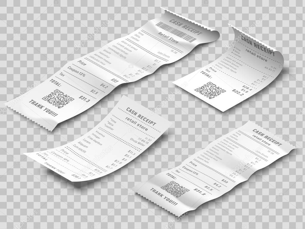 Isometric financial check. Payment checks, thermal printed rolled paper receipt and payments receipts isolated realistic 3d vector set