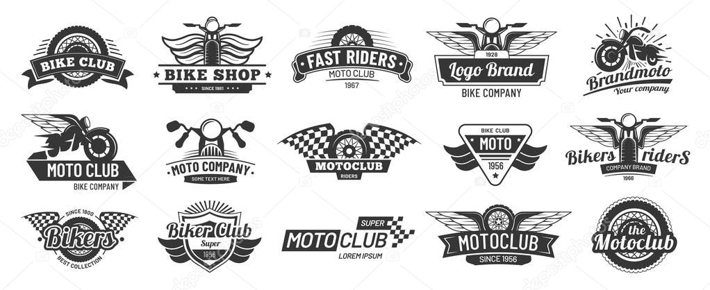 Biker club emblems. Retro motorcycle rider badges, moto sports emblem and motorbike silhouette badge. Hipster garage emblem, motorcycling wheels patch or bike repair logo. Vector isolated signs set